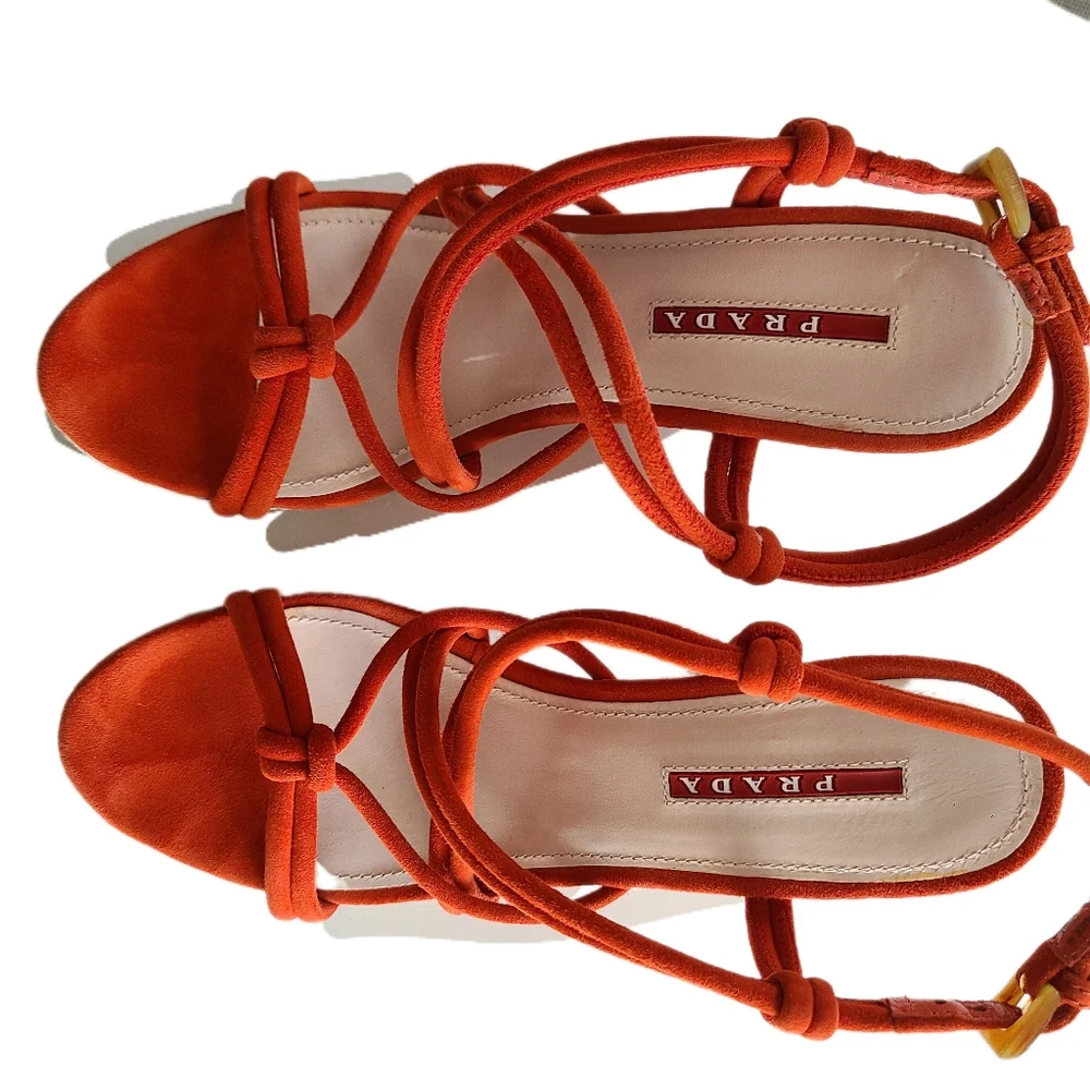 PRADA Platform Wedge Espadrille Strappy Sandal Orange-Red Suede 36 - Picture 3 of 9